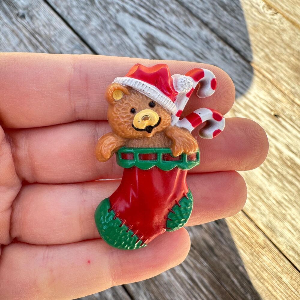 Vintage Jewelry Bear in Stocking Brooch Christmas Stocking Pin